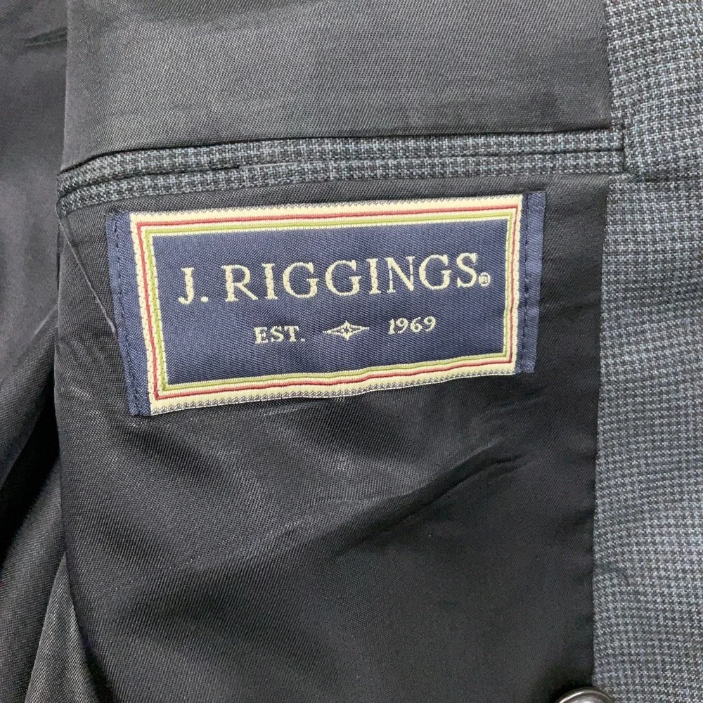 J. Riggins Suit Mens 38R Gray Bue Double Breasted  Tailored Corporate Wool VTG